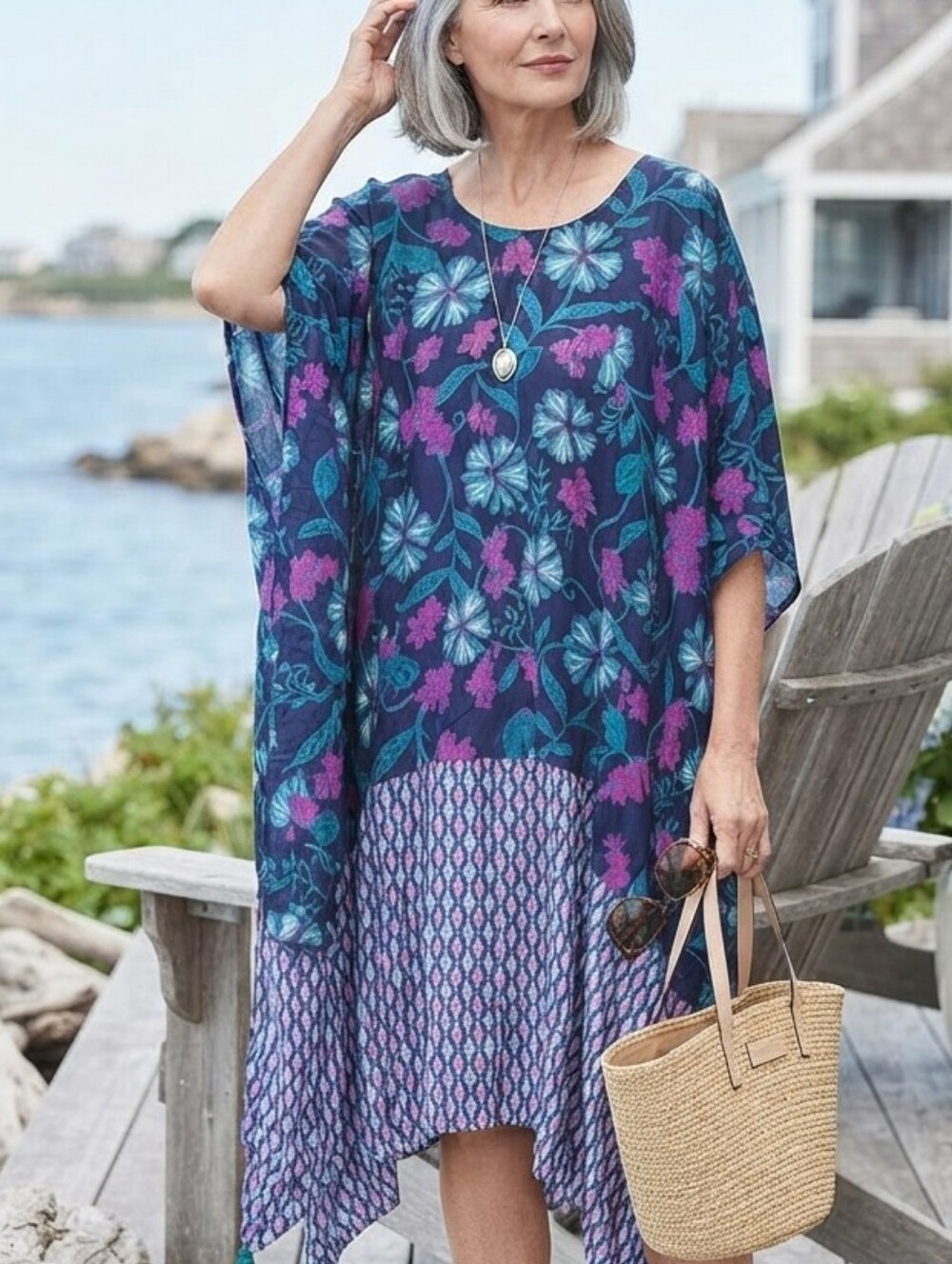 Roaman’s Boho Floral Caftan Poncho Dress - Blue/Purple - Size 1X (22/24)